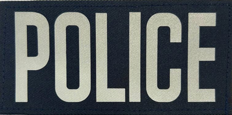 POLICE BACK PATCH REFLECTIVE SILVER ON MIDNIGHT NAVY 5.5"W X 2 5/8"T - VELCRO.